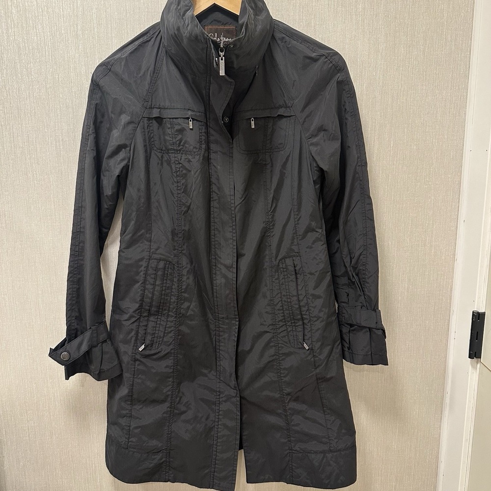 Cole Haan Womens Trench Rain Jacket S Black Long Stowaway Hood Zipper